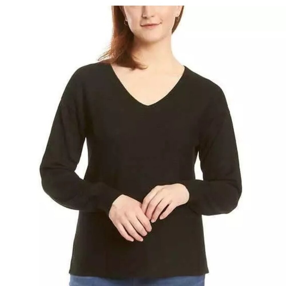 Ella Moss Women's Soft Ribbed Knit V-Neck Sweater-Size XL-Black-NWOT